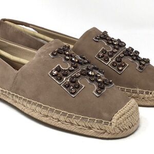 Tori Burch Tan Espadrilles with Embellished Logo - Size 8